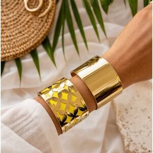Cuff Bracelet Set 2 Gold Tone Wide Statement Yellow Enamel Cutout Bold Fashion